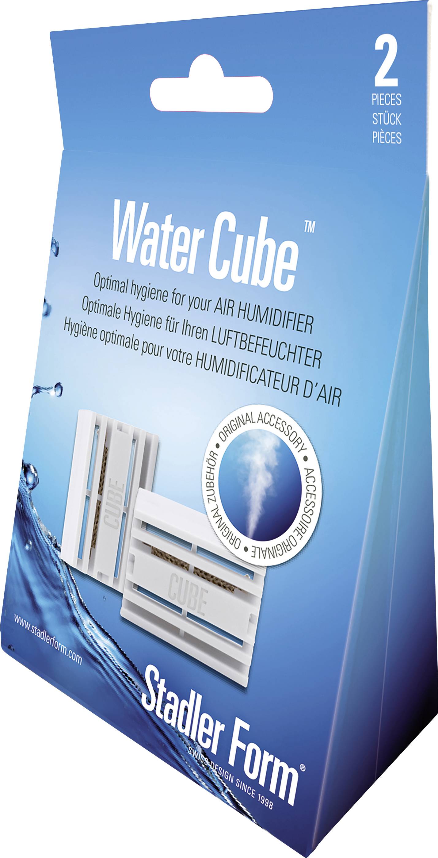 Emballage d'un Stadler Form 'Water Cube' pour humidificateur, offrant une hygiène optimale, contient deux pièces, sur un fond bleu.