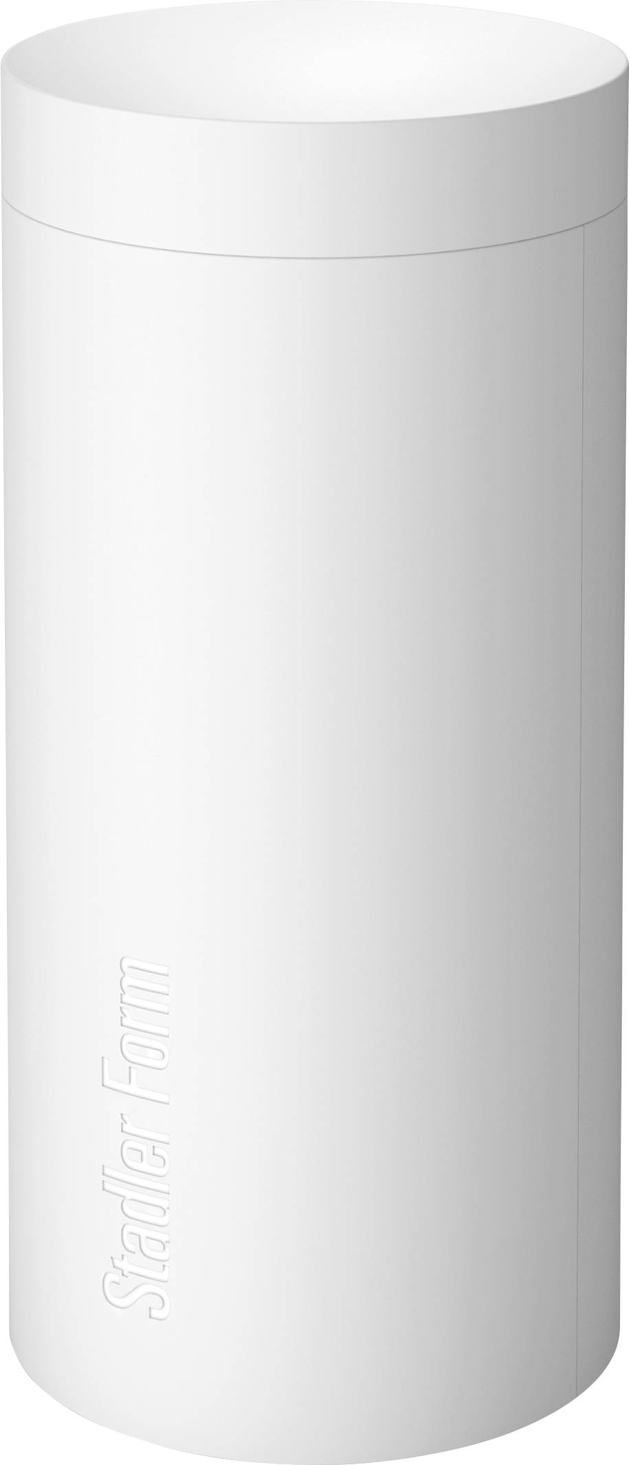 Récipient cylindrique blanc portant l'inscription 'Stadler Form', probablement un humidificateur ou un appareil électroménager similaire.