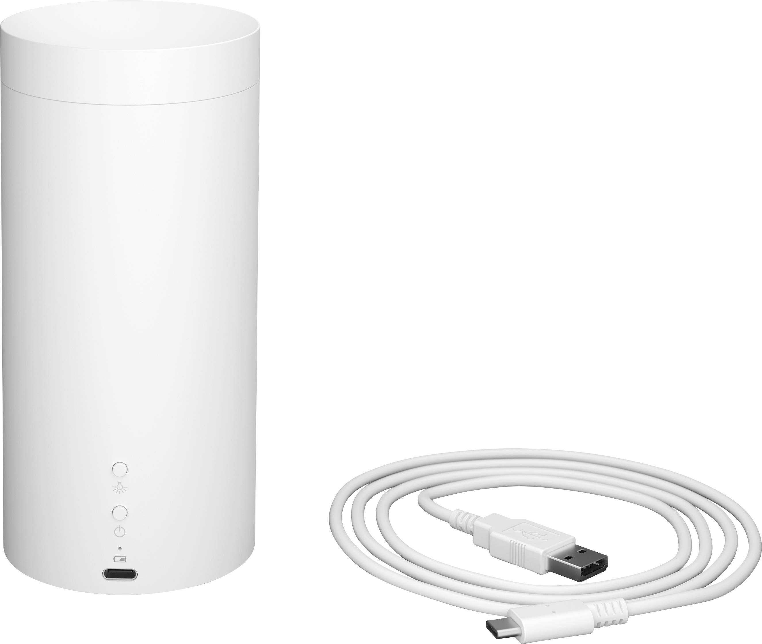Un appareil cylindrique blanc avec des boutons et des voyants lumineux sur la façade. À côté se trouve un câble USB blanc assorti pour la connexion.