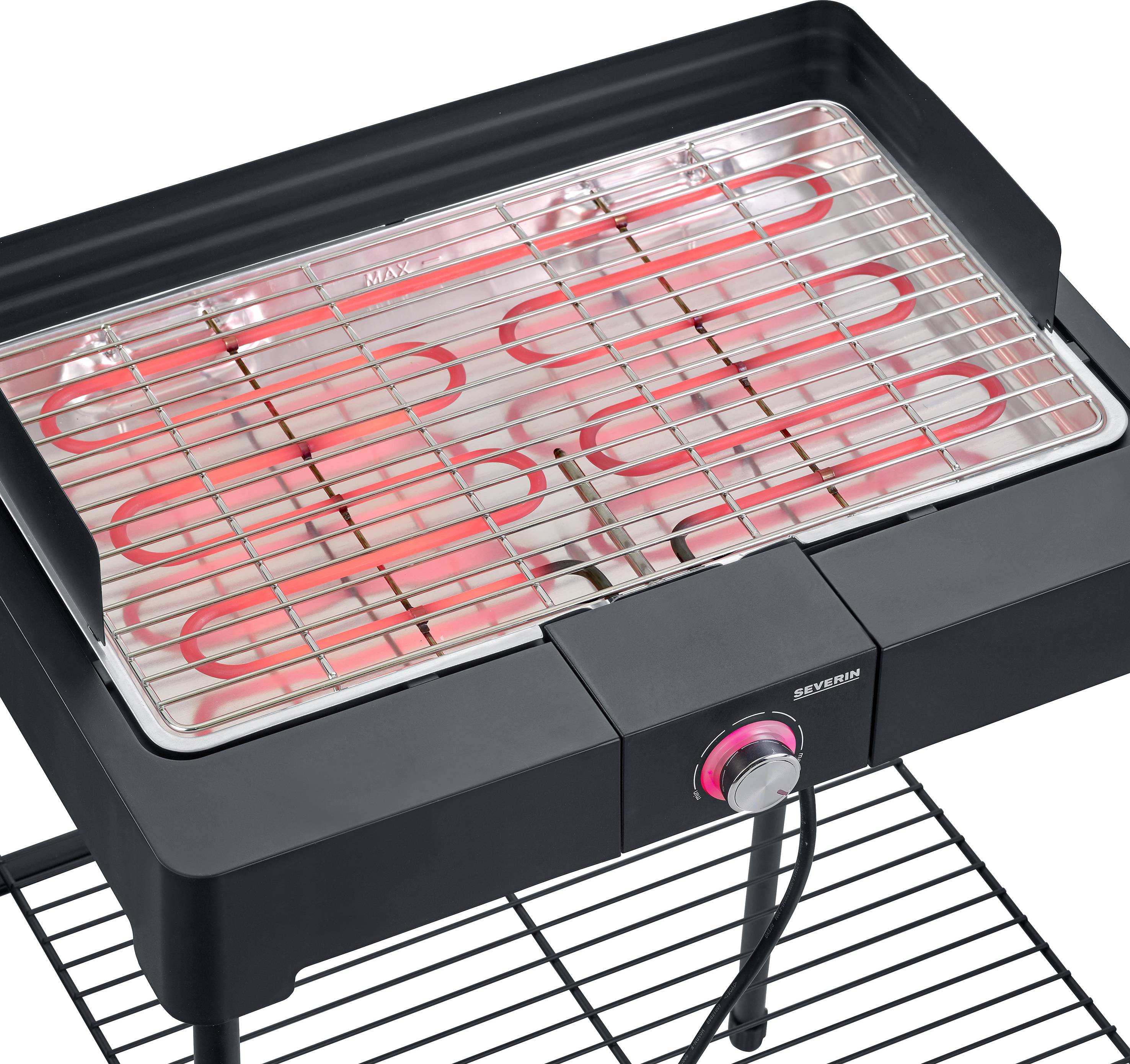 Un gril électrique noir avec des barres chauffantes et une grille, adapté pour griller des aliments à l'intérieur.