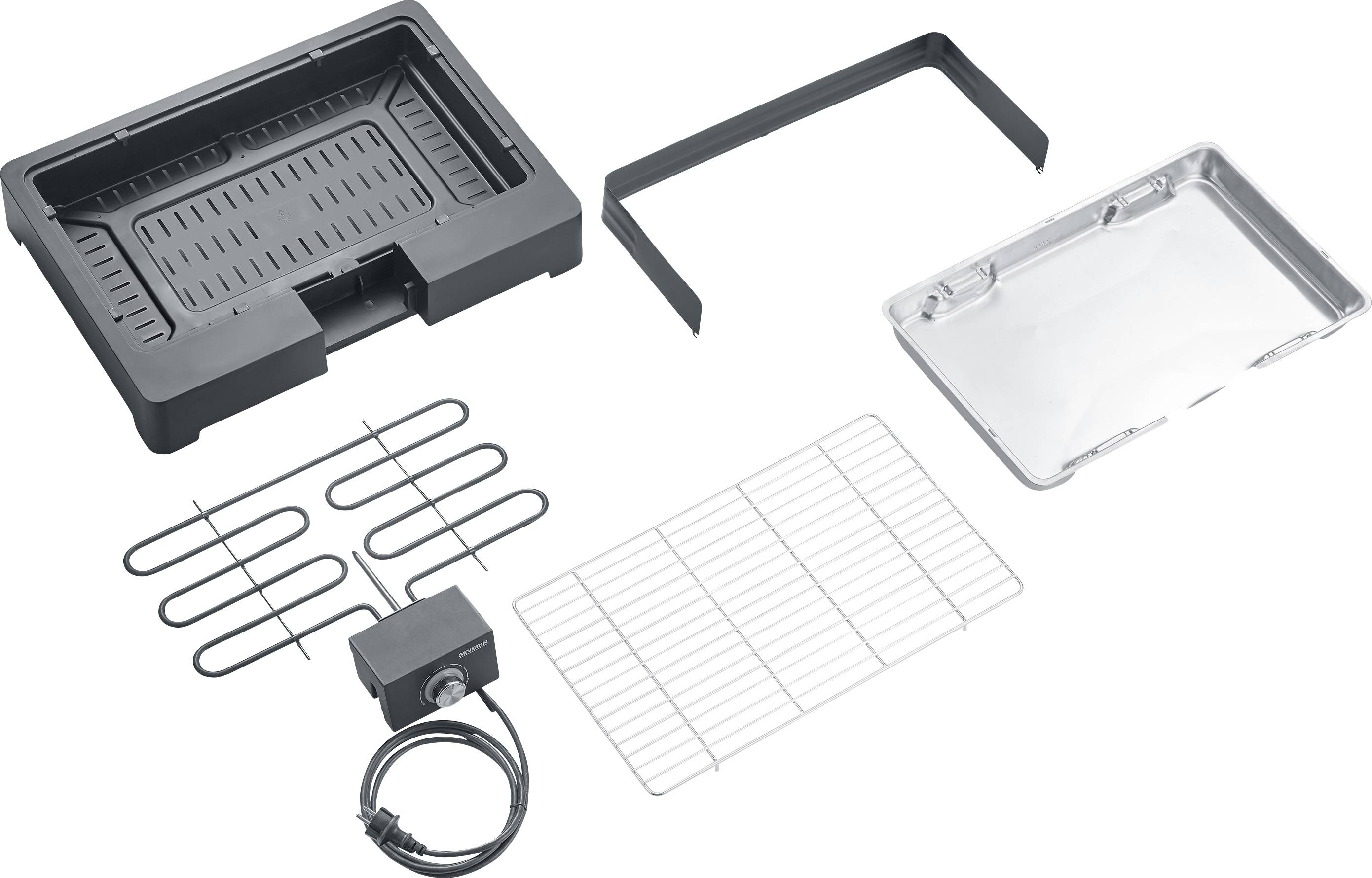 Ensemble de grill amovible avec élément chauffant, bac de récupération des graisses et grille. Idéal pour une utilisation intérieure et facile à nettoyer.