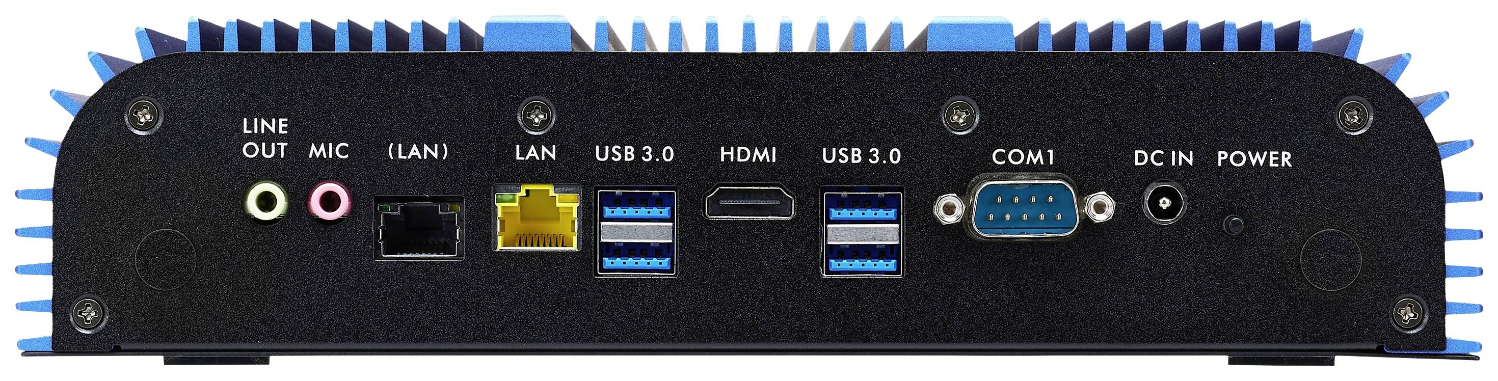 Arrière d'un ordinateur avec possibilités de connexion : Sortie ligne, Microphone, LAN, USB 3.0, HDMI, COM1, Entrée CC et Alimentation électrique.