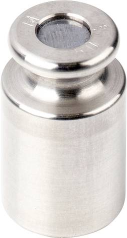 Un poids cylindrique en métal utilisé en mécanique de précision ou pour calibrer des balances. Il présente une surface brillante et argentée.