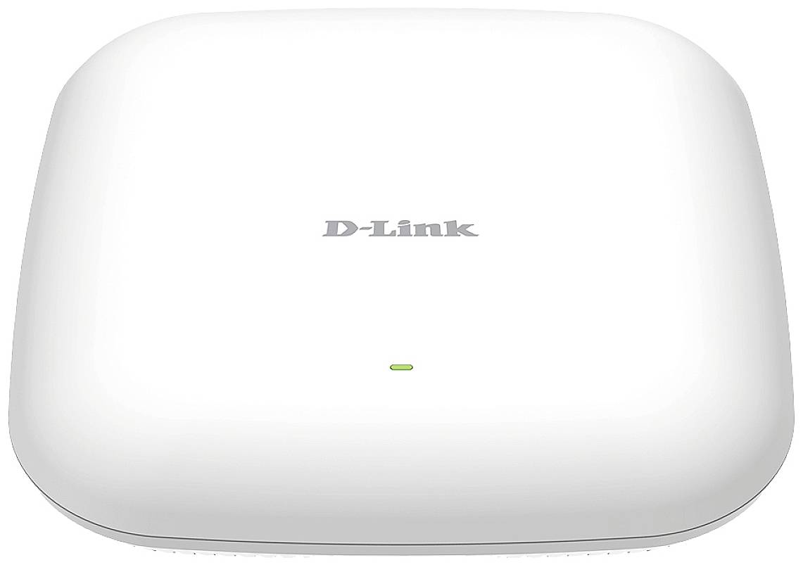Un point d'accès Wi-Fi D-Link blanc avec un voyant vert sur le devant, utilisé pour les connexions réseau sans fil.