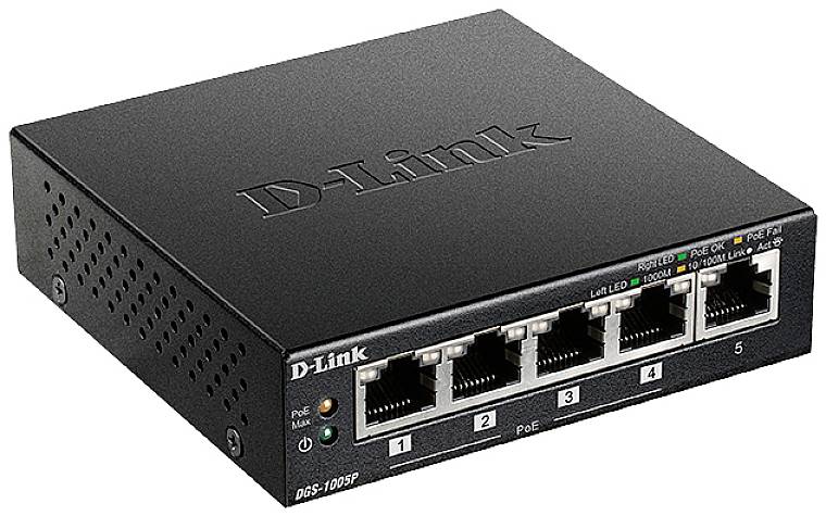 Un commutateur réseau noir D-Link avec cinq ports Ethernet, numérotés de 1 à 5. Des voyants verts et oranges sont allumés sur le côté.