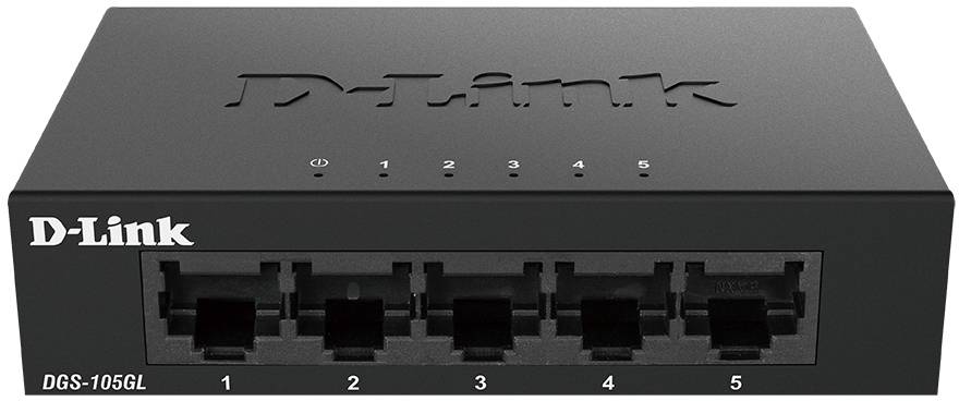 Commutateur réseau D-Link avec cinq ports Ethernet, numéro de modèle DGS-105GL, pour la gestion et la connexion d'appareils au sein d'un réseau.
