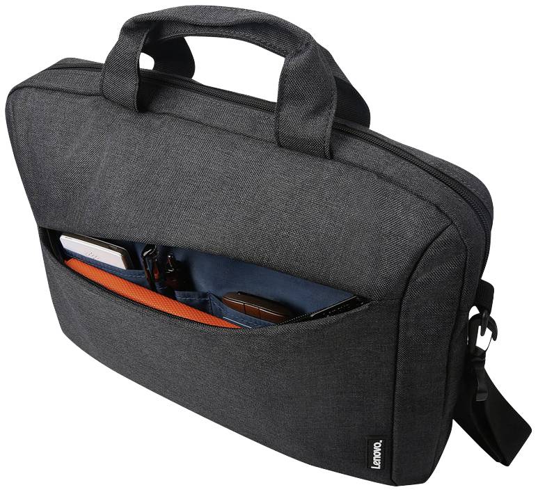 Un sac noir pour ordinateur portable, offrant une vue sur la poche avant ouverte, contenant des documents et des fournitures de bureau.