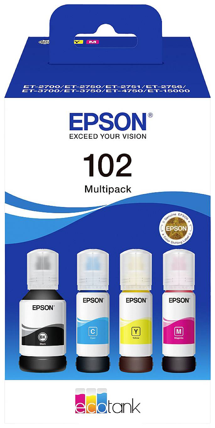 Emballage du multipack Epson 102 avec des bouteilles d'encre en noir, cyan, jaune et magenta. Pour les modèles ET-2700, ET-2750, etc.