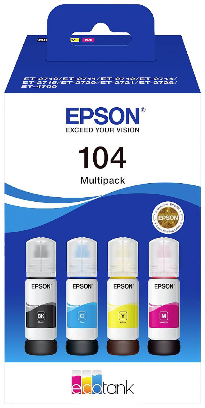 Emballage d'un ensemble de flacons d'encre multipack de la marque Epson avec quatre couleurs : Noir, Cyan, Jaune et Magenta. Pour imprimantes EcoTank.