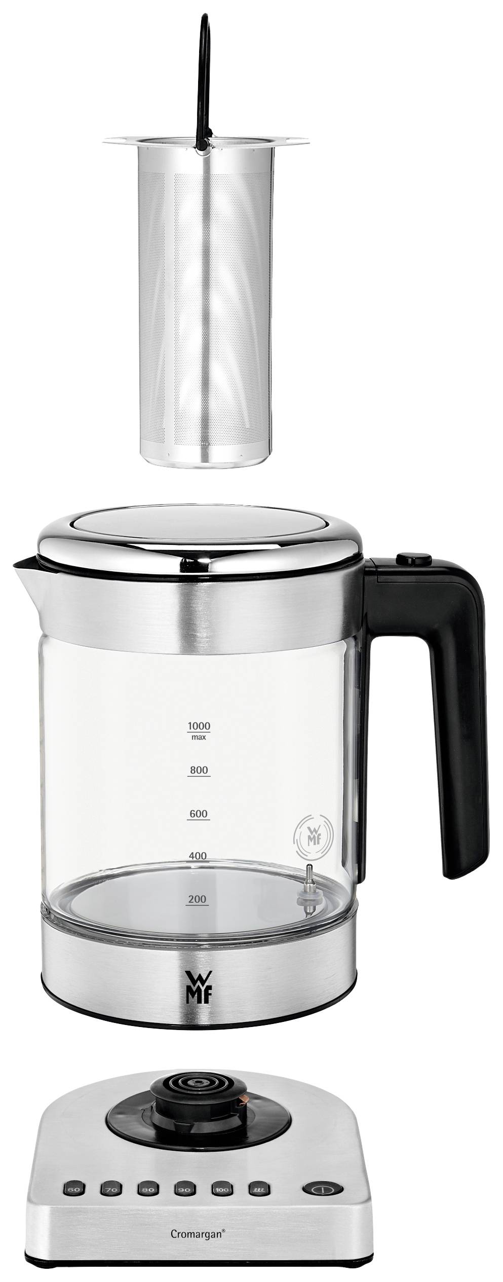 Bouilloire électrique en verre avec infuseur à thé amovible et unité de contrôle numérique, adaptée à la préparation précise du thé.