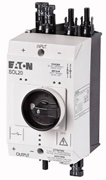 Un interrupteur blanc portant l'inscription 'EATON SOL20', avec un bouton rotatif au centre et des connexions en haut. Utilisé pour la distribution d'énergie.