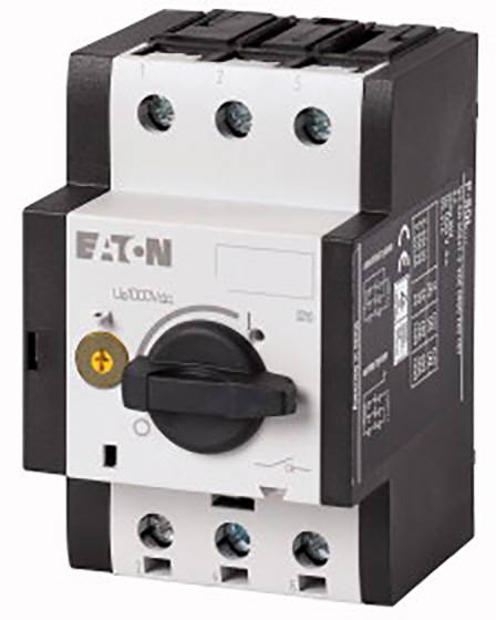 Un interrupteur de protection électrique noir et blanc de EATON, adapté aux tensions jusqu'à 690V, avec un bouton de commande rotatif au centre.