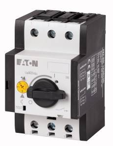 Un interrupteur de protection moteur noir et blanc d'Eaton avec un bouton de commande jaune, adapté à la protection des moteurs électriques.