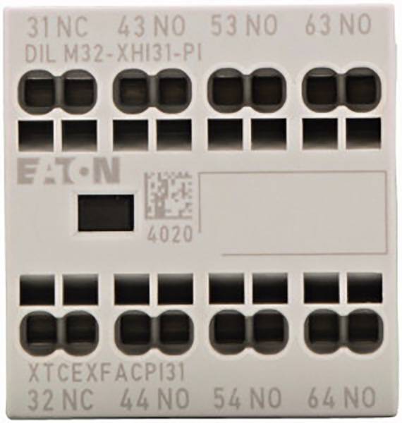 Une pièce de connexion électrique rectangulaire avec plusieurs bornes numérotées, portant l'étiquette 'EATON' et des codes ainsi que des numéros de modèle.