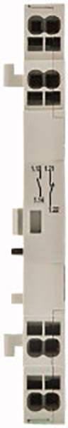 Un connecteur électrique étroit gris avec plusieurs ouvertures de connexion et des symboles sur la face avant.
