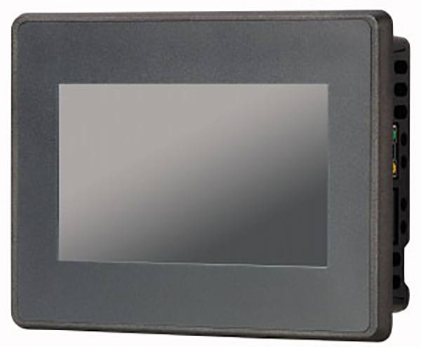 Un appareil électronique gris rectangulaire avec un écran central. Il semble s'agir d'un panneau tactile ou d'un dispositif de commande.