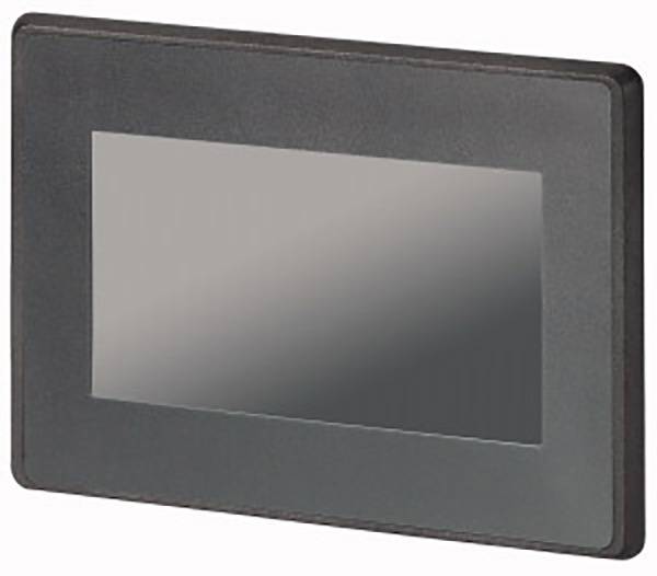 Un cadre photo numérique noir, rectangulaire avec un écran réfléchissant.