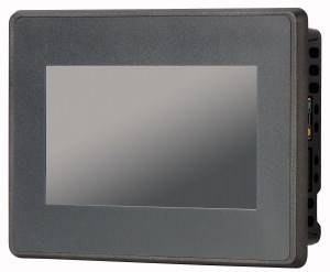 Petit écran tactile rectangulaire avec cadre noir et écran argenté ; adapté aux applications industrielles.