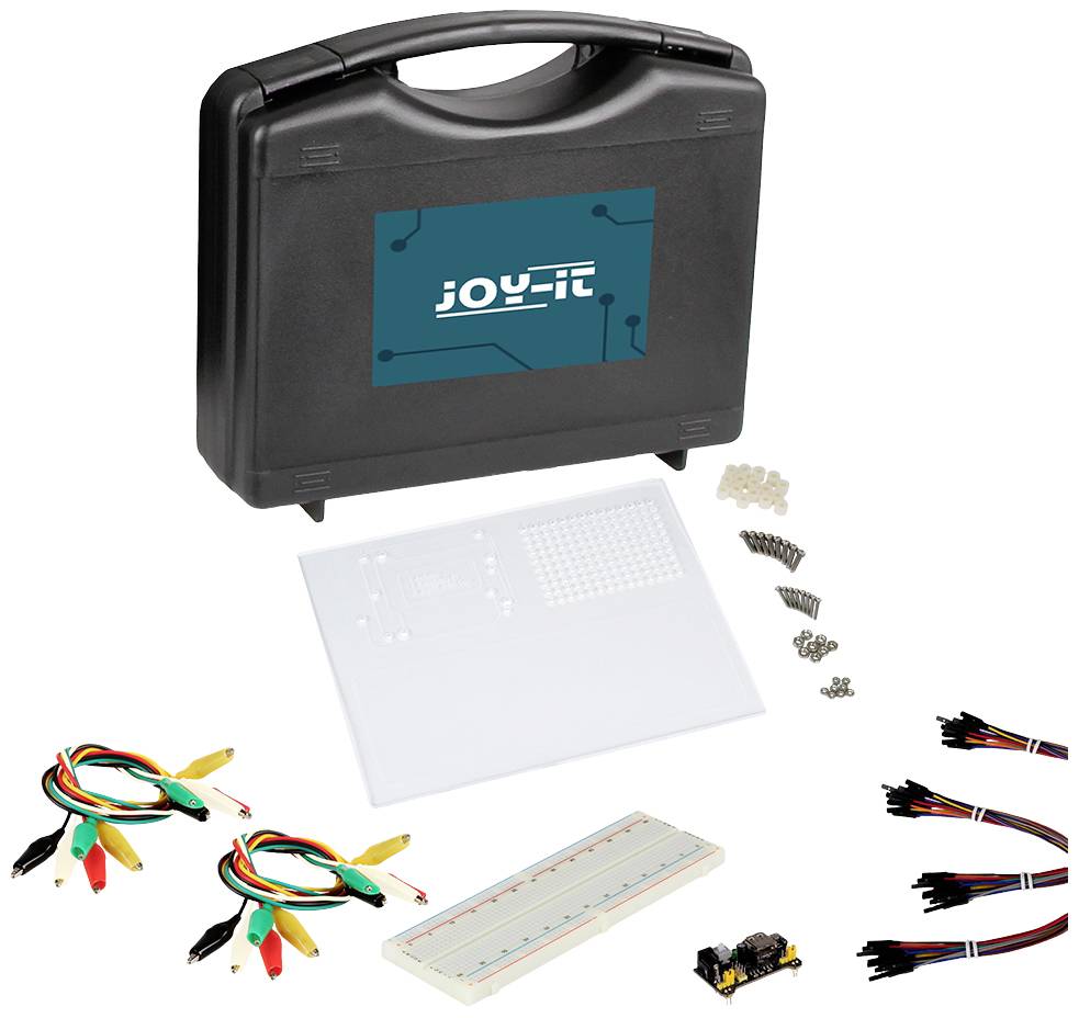 Mallette avec composants électroniques : pinces crocodiles, breadboard, câbles, résistances et capteur, adaptée aux projets électroniques DIY.