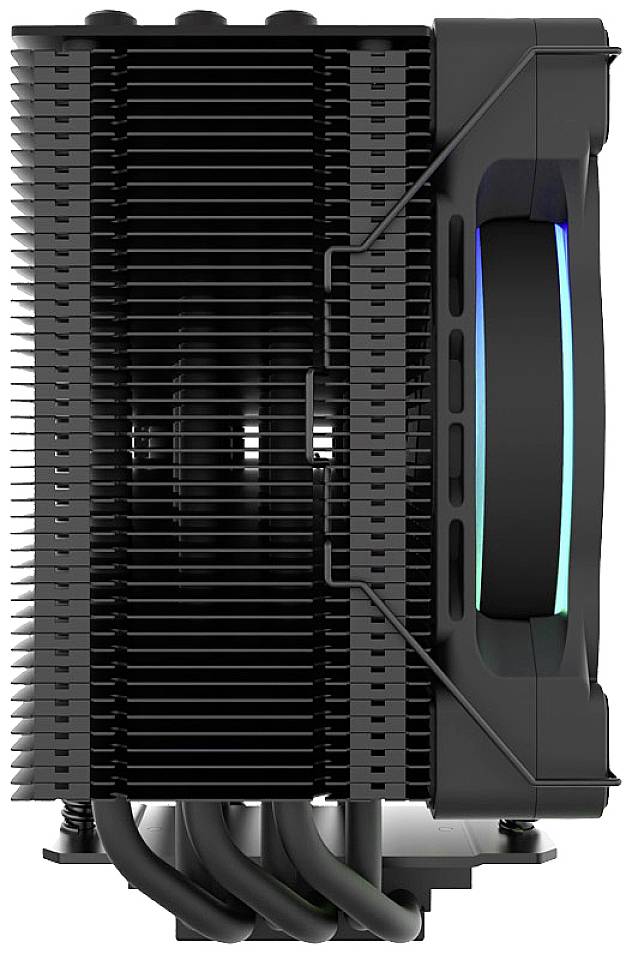 Un dissipateur thermique de processeur noir avec plusieurs ailettes et un ventilateur intégré avec éclairage RVB sur le côté.
