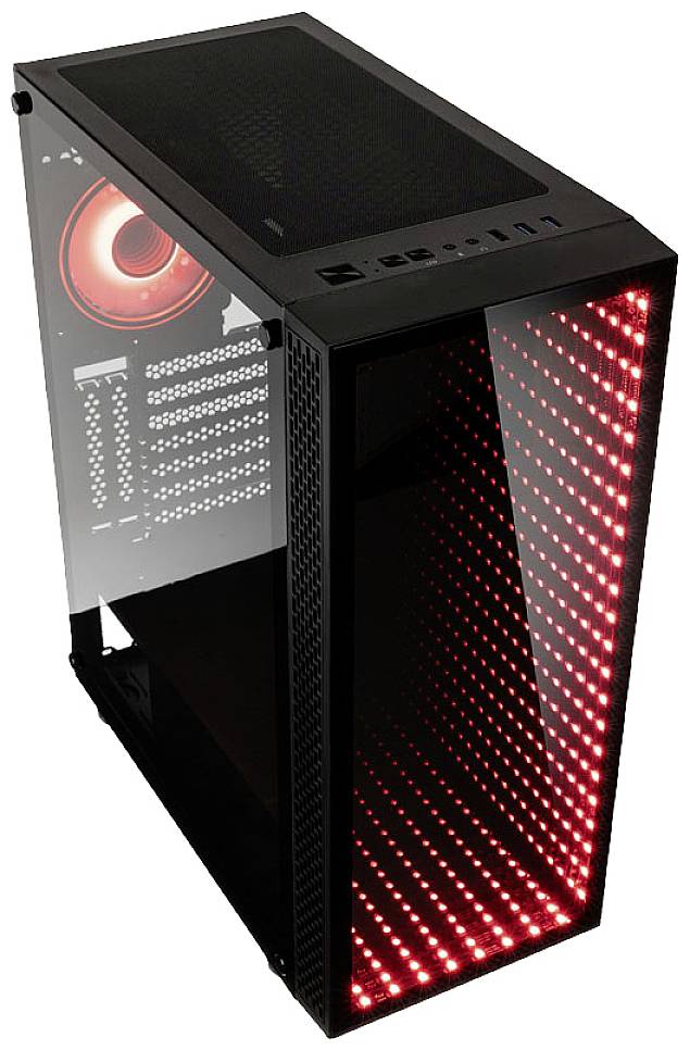 Un boîtier PC noir avec une paroi latérale transparente. Des lumières LED rouges à l'avant créent un effet futuriste.