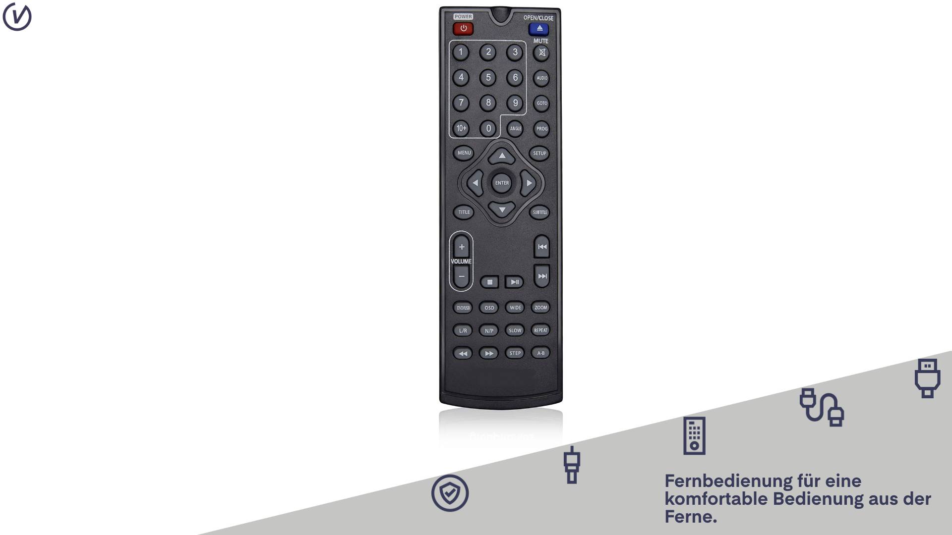 Une télécommande noire avec de nombreux boutons, incluant des touches directionnelles au centre. Texte : 'Télécommande pour un contrôle confortable à distance.'