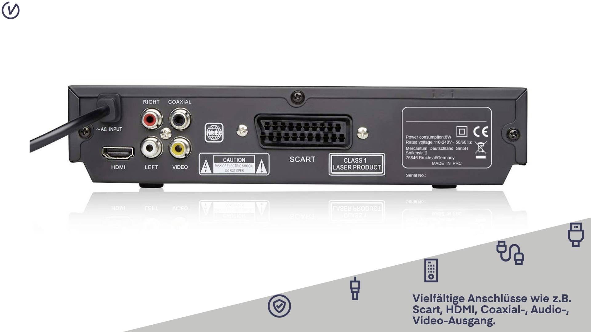 Dos d'un appareil avec différentes connexions, dont SCART, HDMI, entrées audio/vidéo. Texte : 'Connexions polyvalentes'.