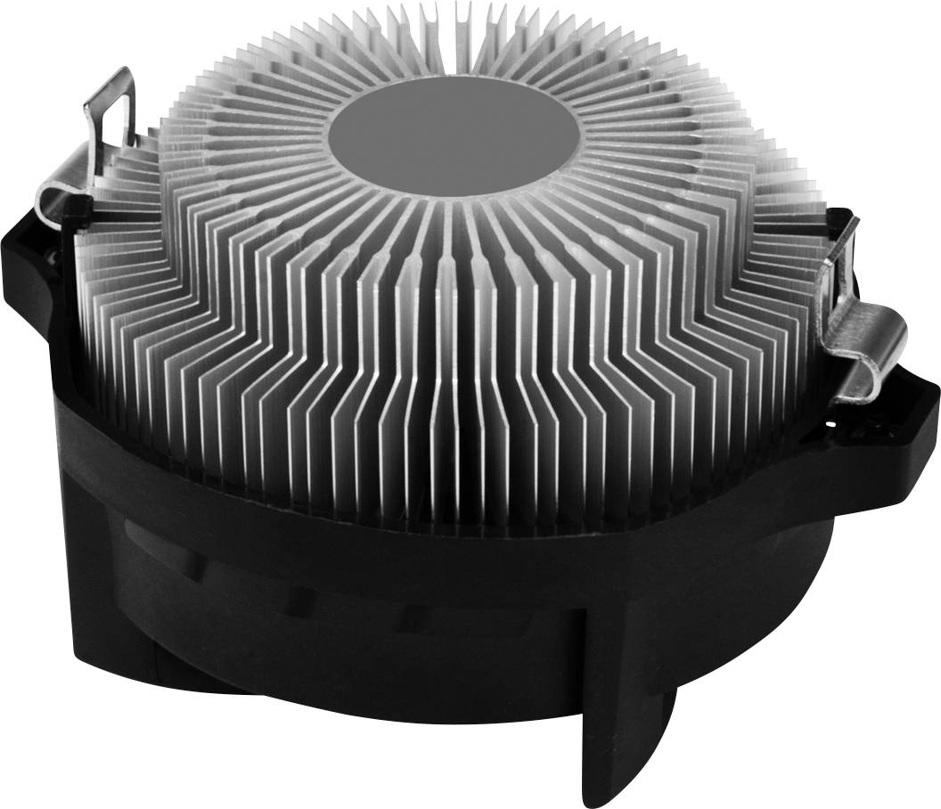 Un dissipateur thermique cylindrique pour processeur avec ailettes métalliques et boîtier en plastique noir. Spécialement conçu pour l'évacuation de la chaleur dans les ordinateurs.