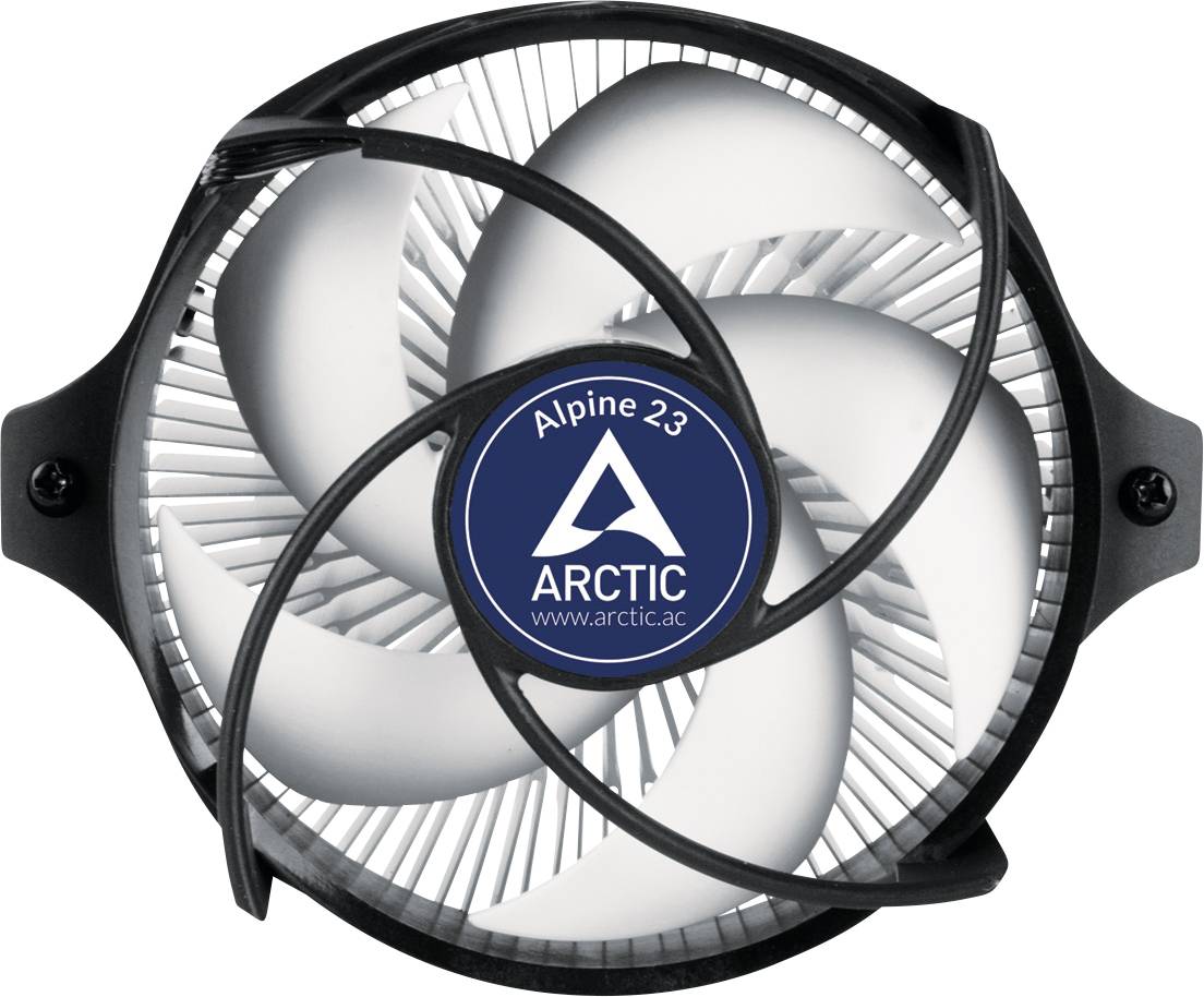 Ventilateur de processeur rond 'Arctic Alpine 23' avec cinq pales blanches, entouré d'une grille de protection noire.