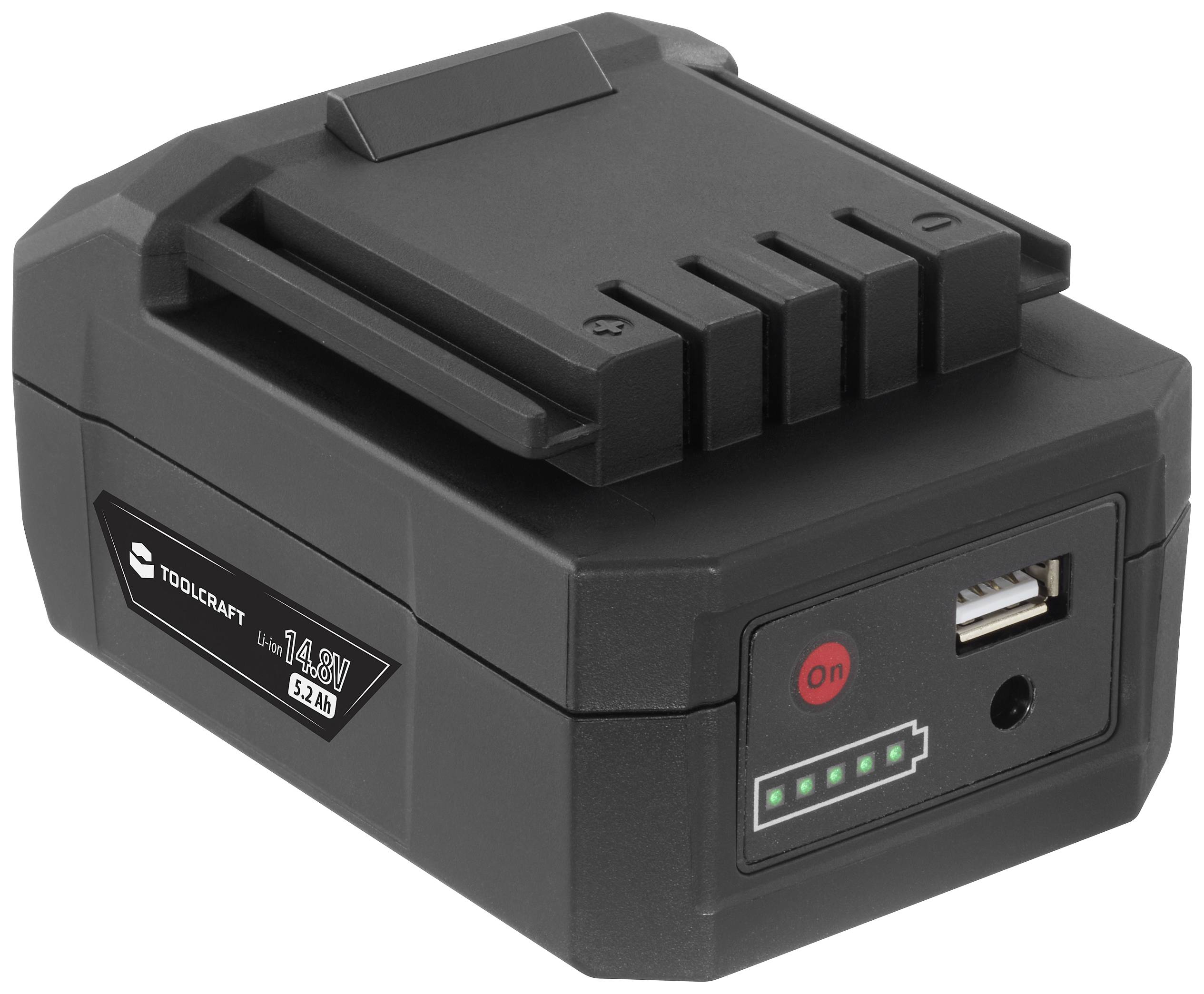 Chargeur de batterie noir avec interrupteur marche/arrêt, port USB et quatre voyants LED indiquant l'état de charge.