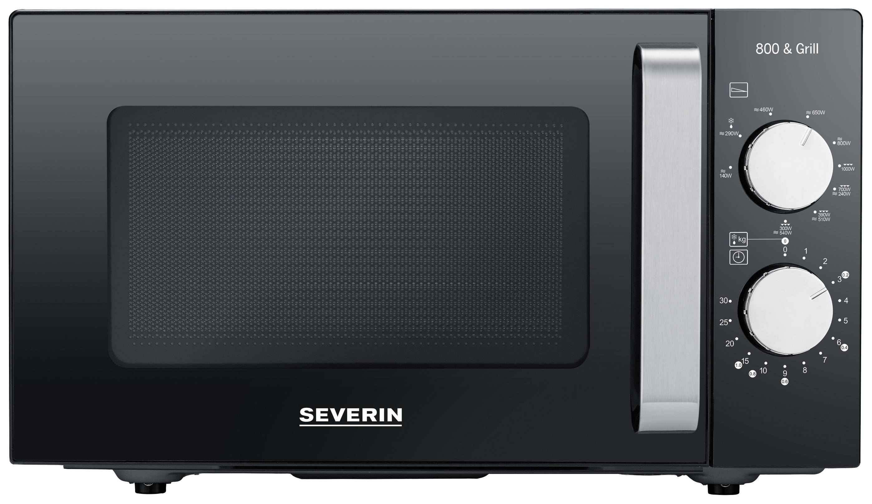 Four micro-ondes noir avec fonction grill de Severin, deux boutons rotatifs à droite pour régler la puissance et le temps, modèle 800 & Grill.