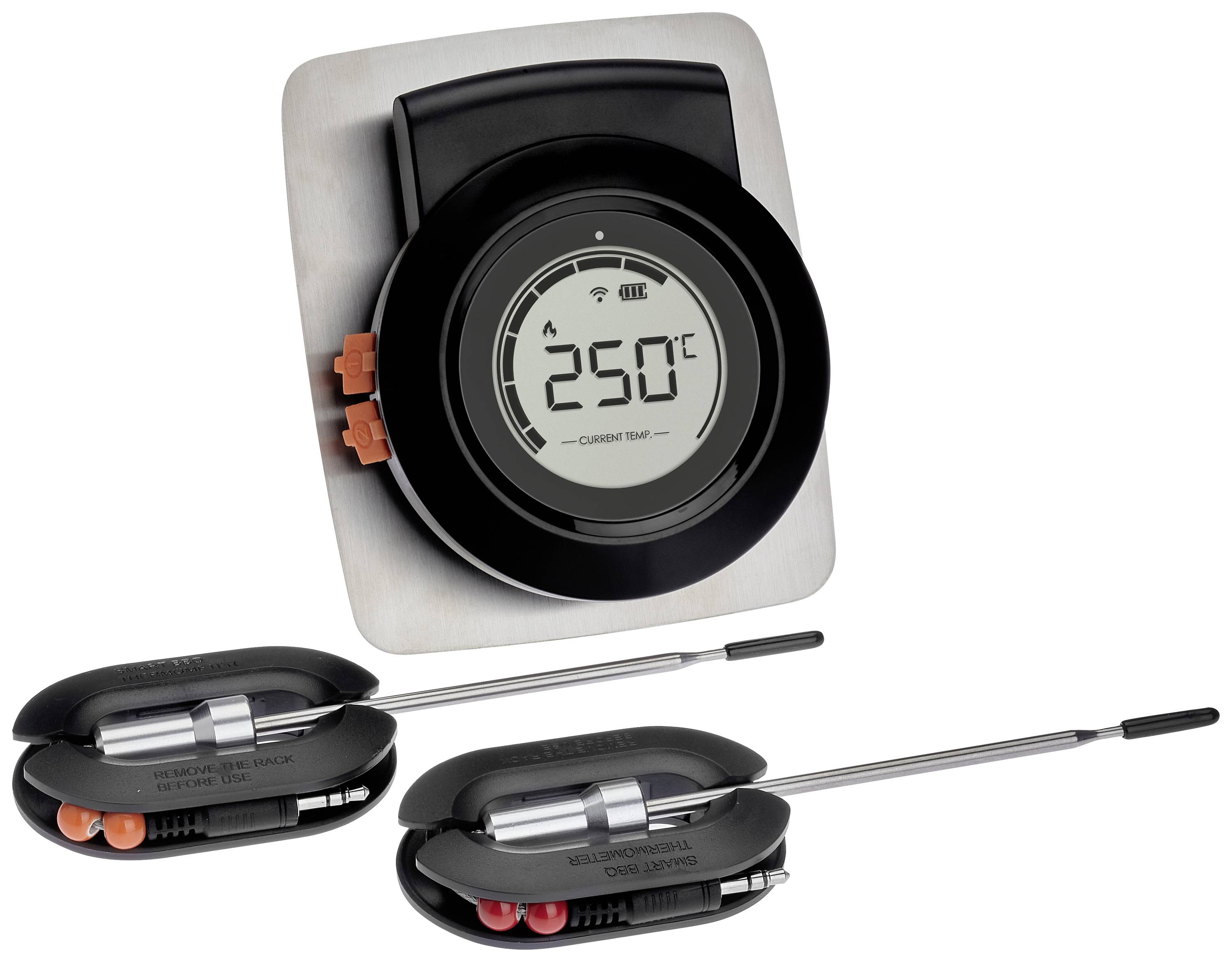 Thermomètre numérique pour viande avec écran LCD, affichant 250°C. Deux sondes avec câbles, chacune dans un étui en plastique. Idéal pour une cuisson précise.