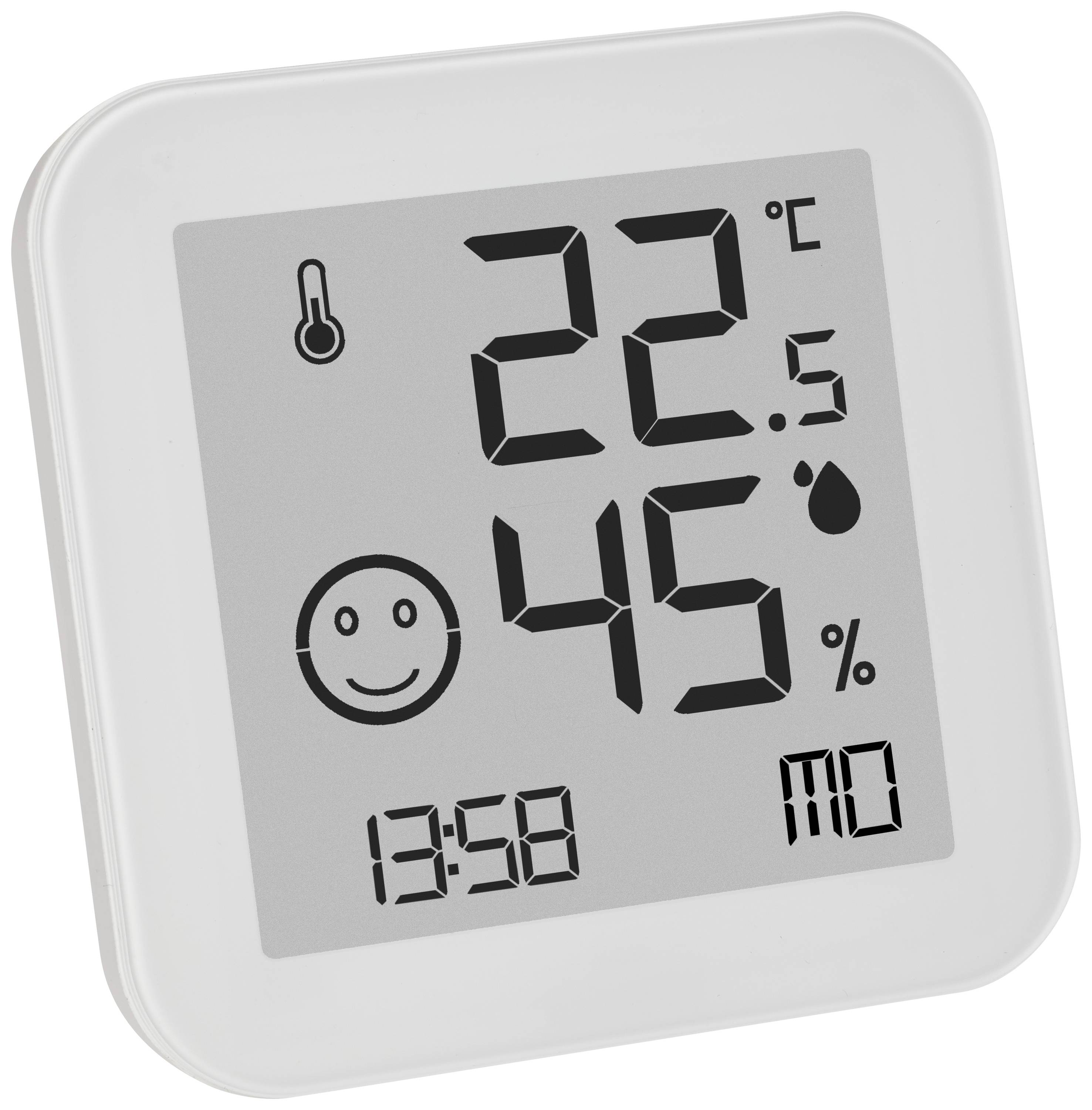 Thermomètre et hygromètre numérique avec écran. Affiche température : 22,5°C et humidité : 45%. Heure : 13:58. Le symbole smiley indique un niveau de confort.