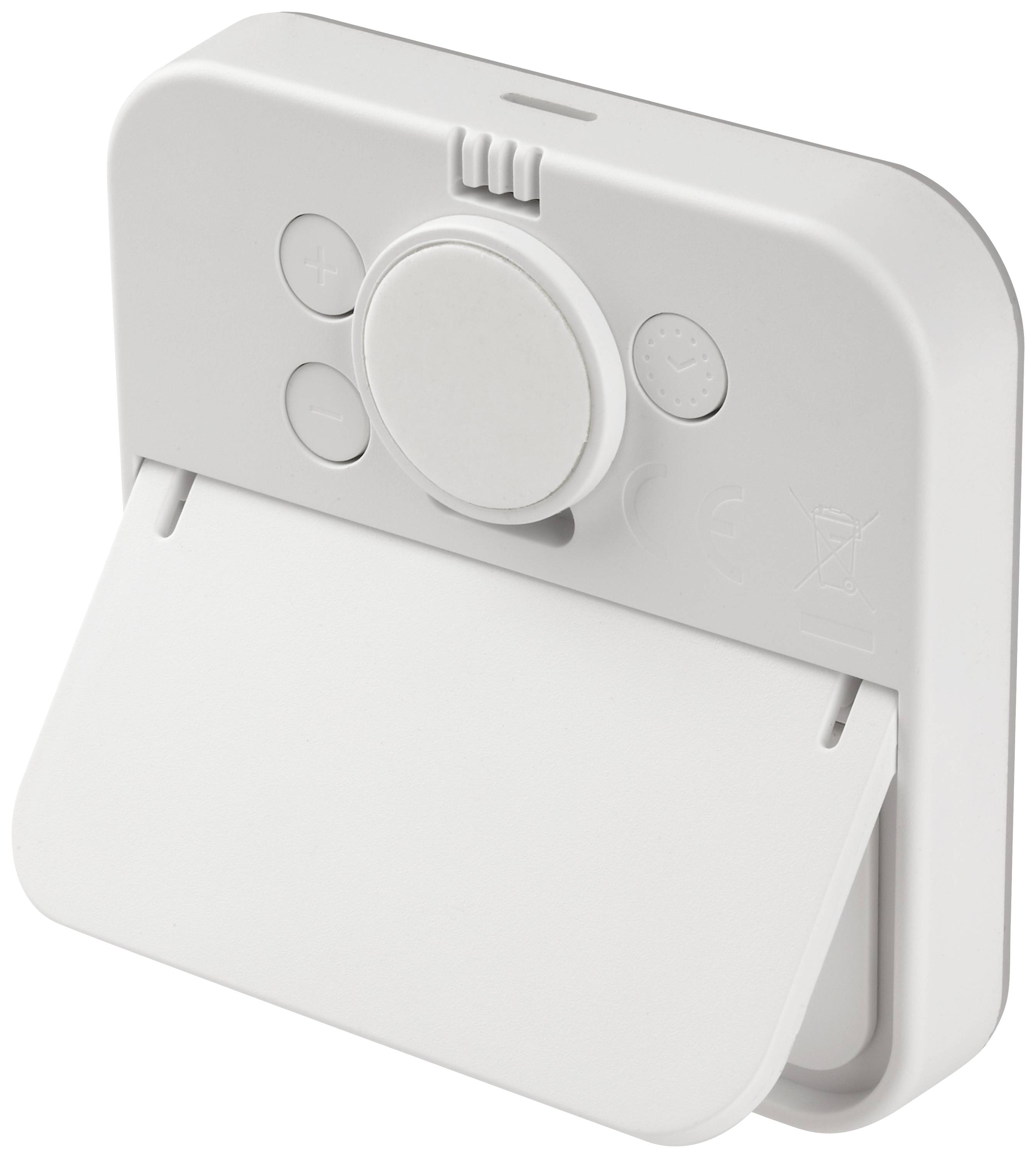 Boîtier de bloc de bornes en plastique blanc avec des boutons ronds pour '+' et '-', une grande touche centrale et un couvercle amovible.