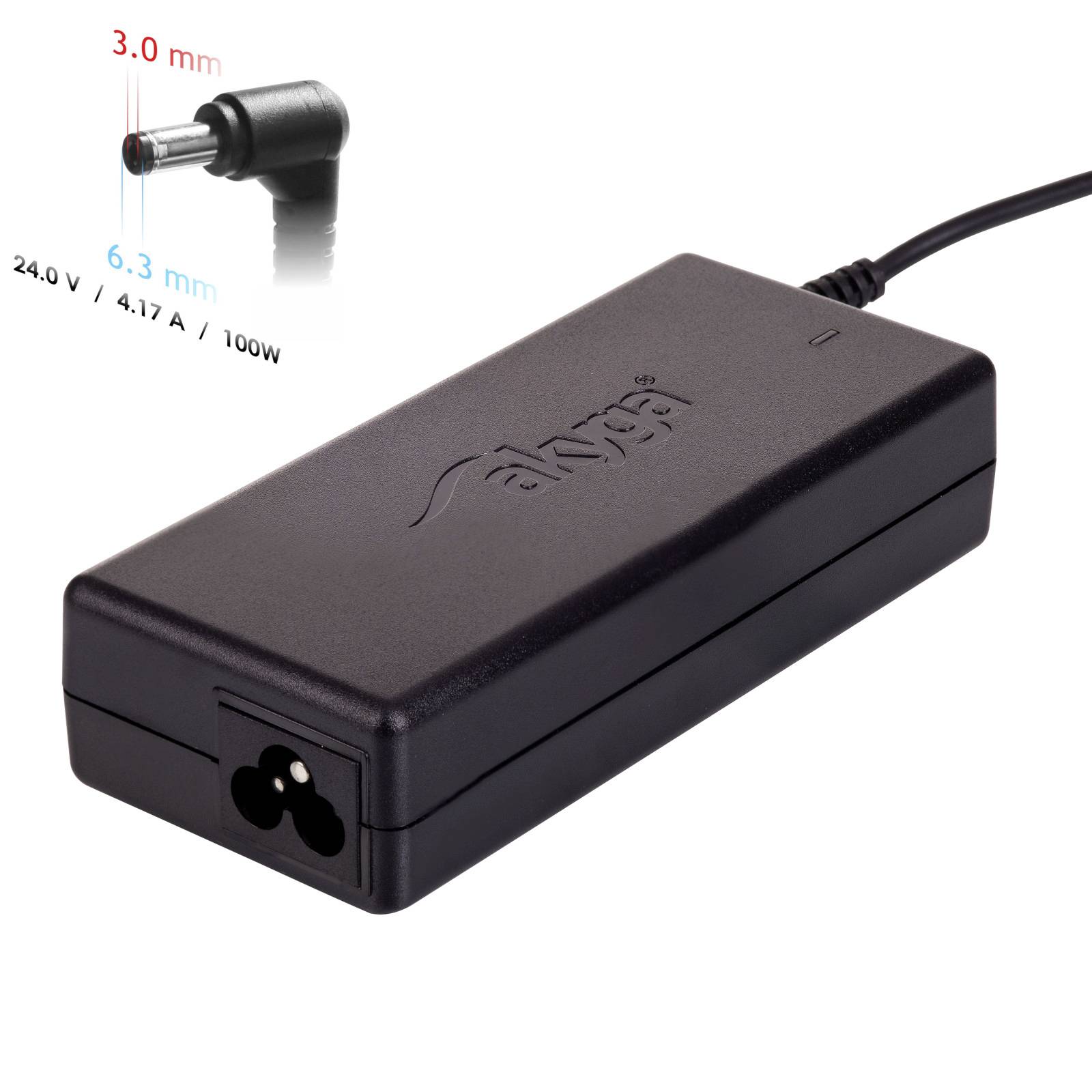 Adaptateur secteur externe noir pour ordinateur portable avec trois broches. Texte indiquant 24,0V/4,17A/100W. Deux tailles de connecteur sont représentées : 3,0 mm et 6,3 mm.