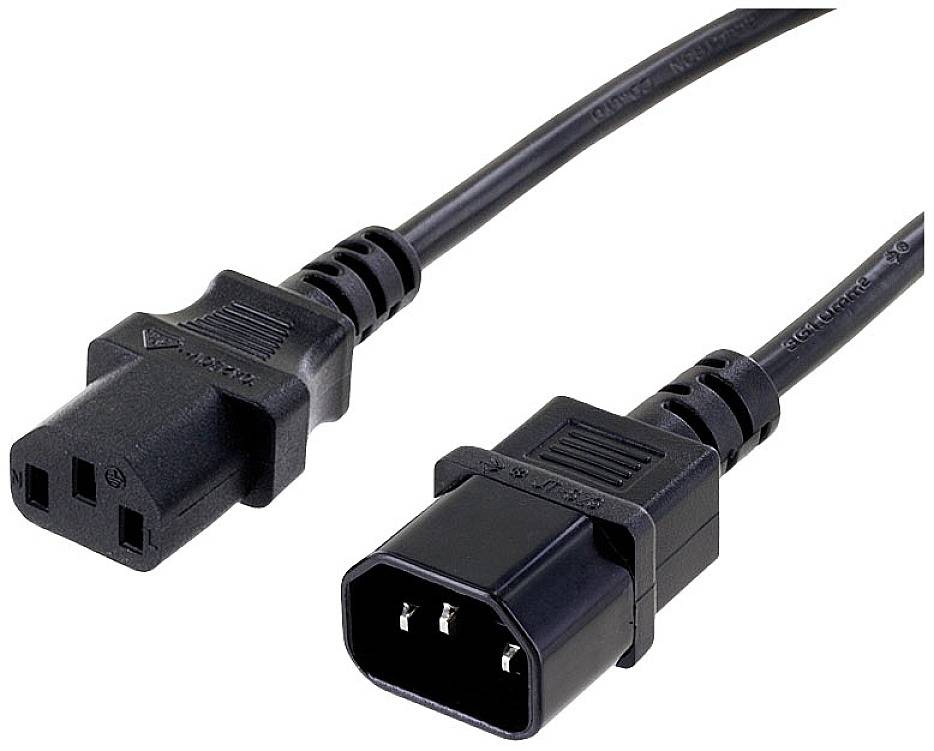 Câble électrique avec fiche noire. À gauche, une fiche IEC mâle, à droite, une prise IEC femelle. Utilisé pour l'alimentation électrique des appareils.