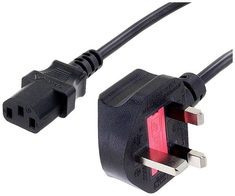 Câble réseau noir avec fiche et prise à trois broches. Très répandu pour les appareils électroniques au Royaume-Uni.