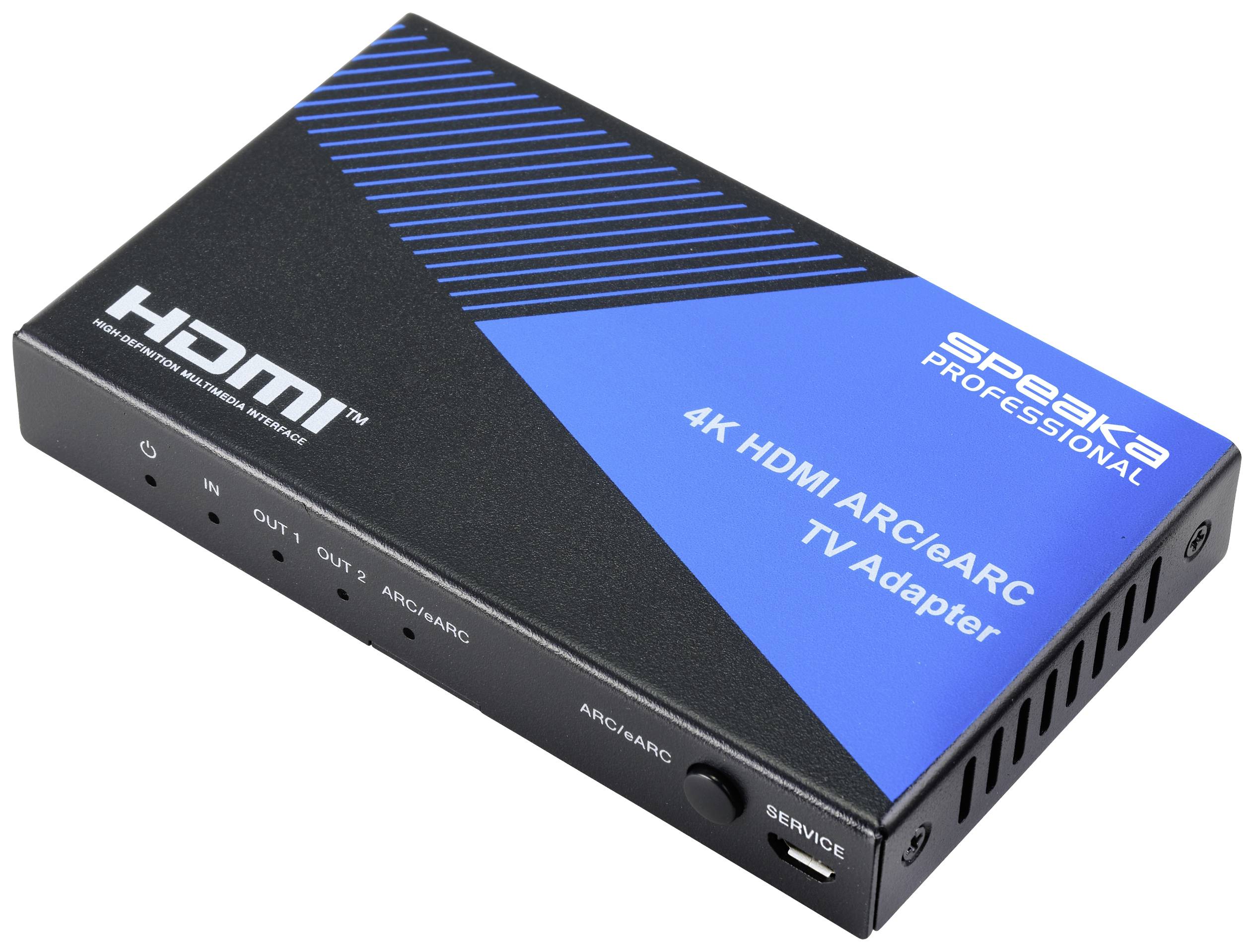 Un adaptateur TV HDMI ARC/eARC 'Speaka Professional 4K' dans un boîtier triangulaire avec des connexions pour IN, OUT et ARC/eARC.