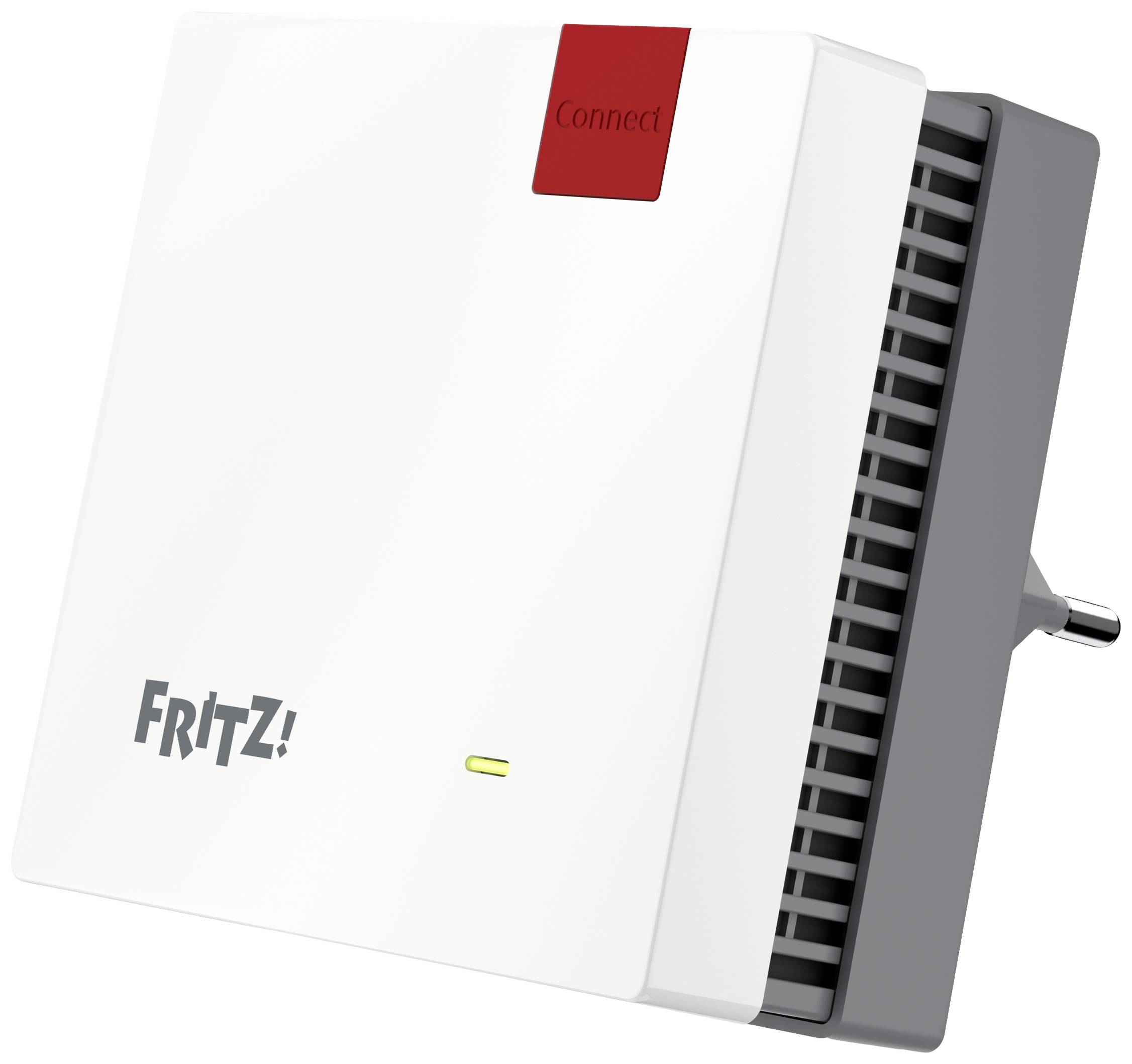 Un répéteur Wi-Fi blanc de la marque FRITZ! avec un bouton 'Connect' rouge et une connexion à prises.