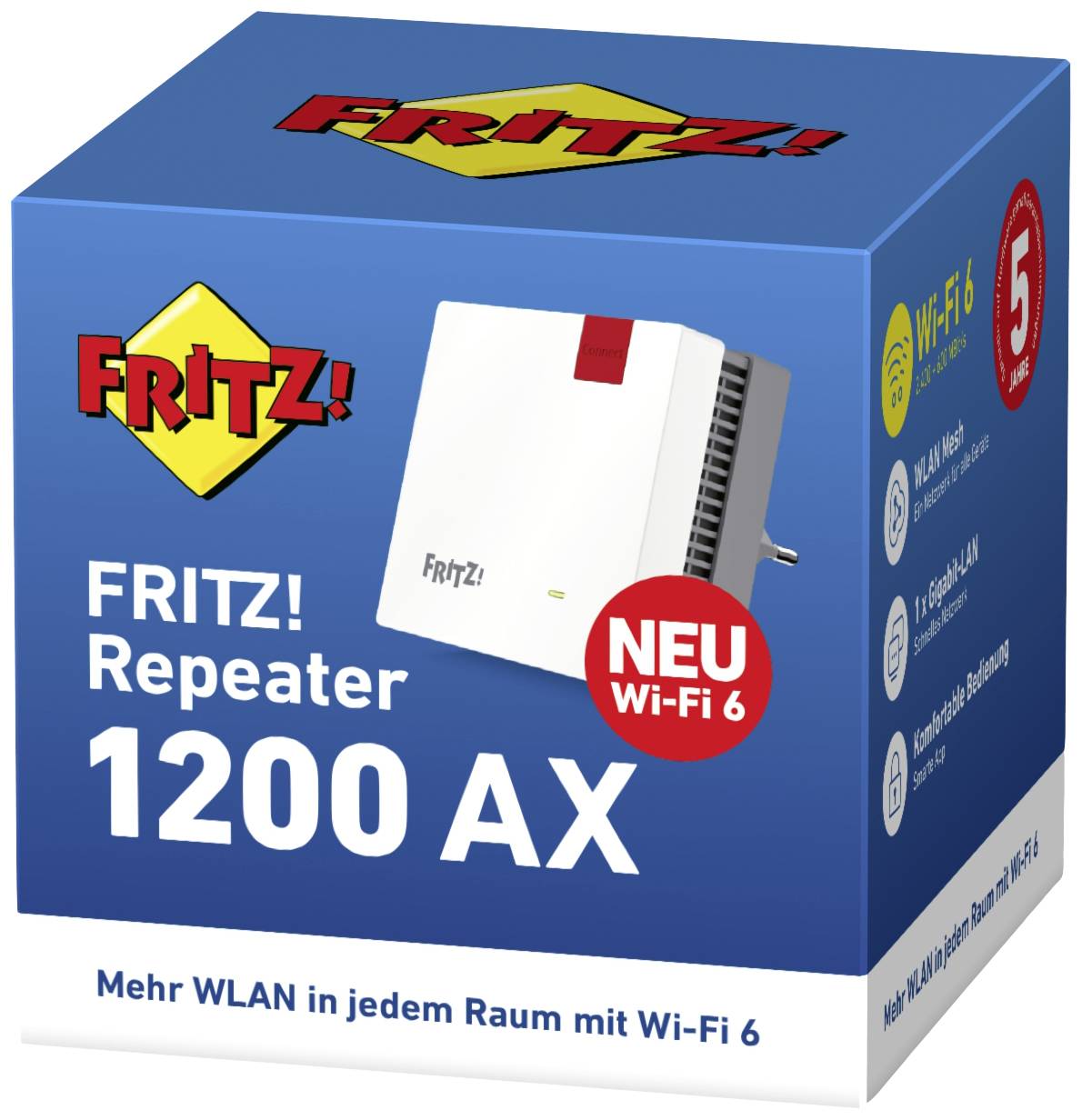 Un emballage bleu présente le 'FRITZ! Repeater 1200 AX' avec Wi-Fi 6. Texte : 'Plus de Wi-Fi dans chaque pièce avec Wi-Fi 6.'