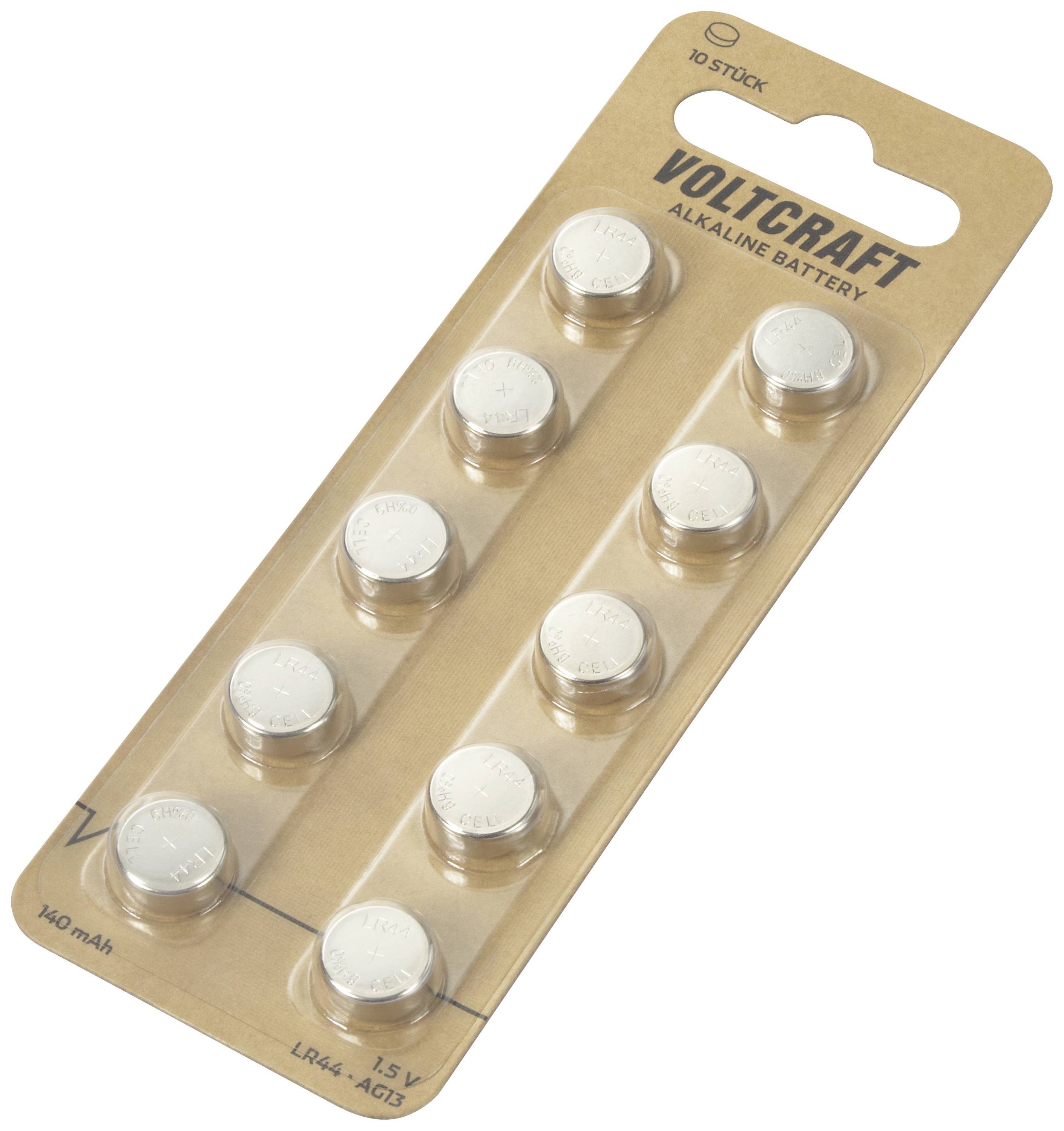 10 piles alcalines Voltcraft LR44 sur carte blister, 1,5 V, 150 mAh.