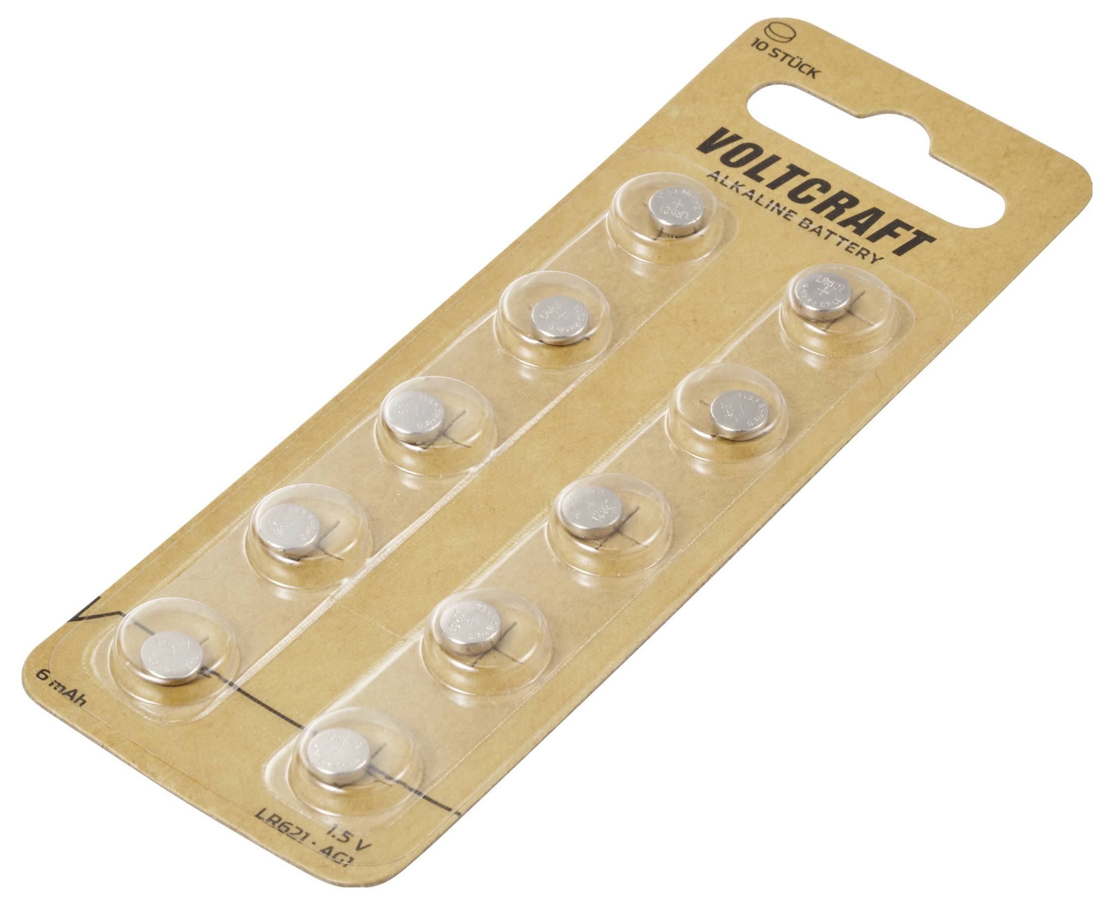 'VOLTCARFT' Pack de piles alcalines avec huit piles bouton, modèle LR621, 1,5 V, 6 mAh, en blister transparent.