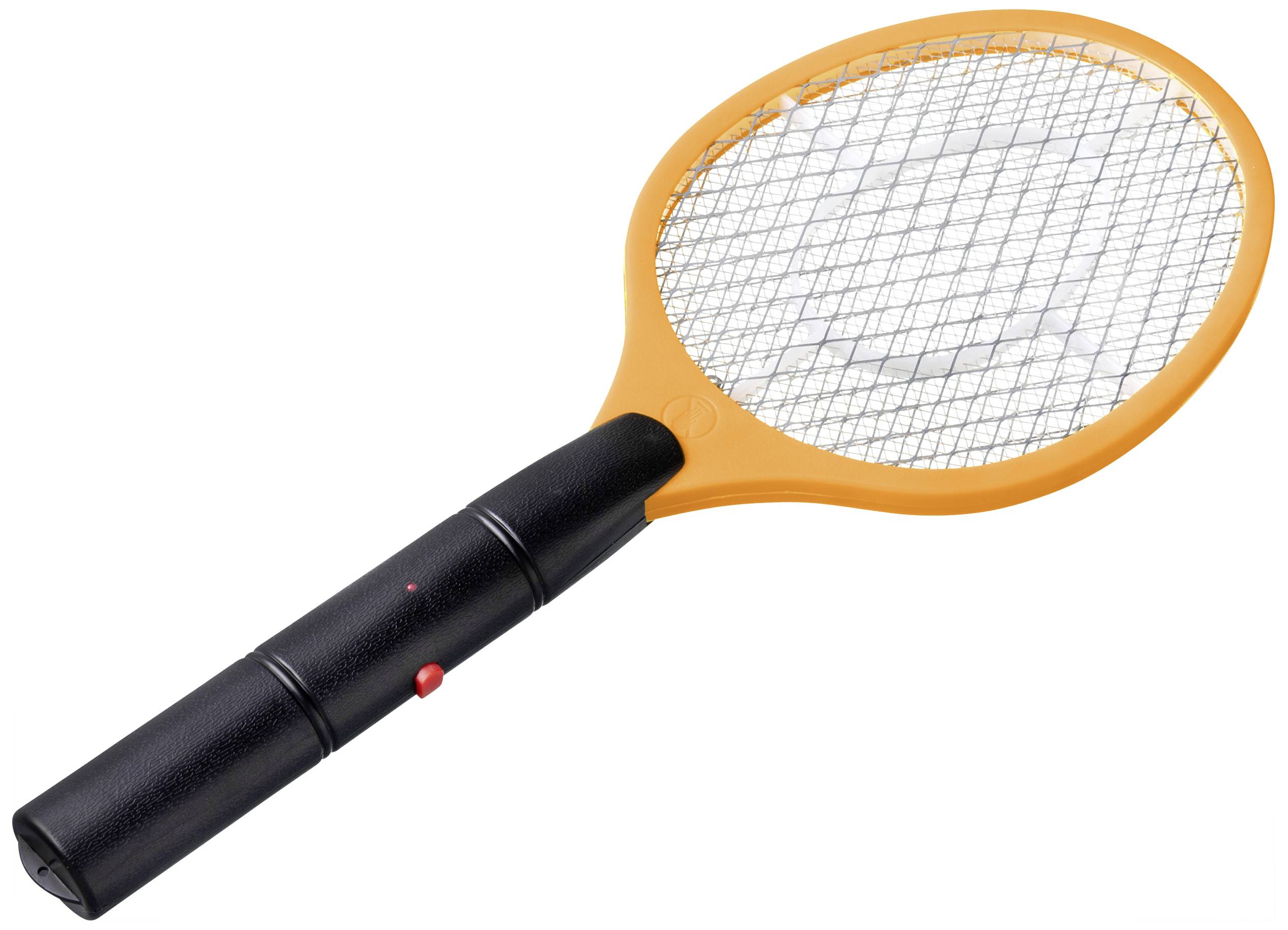Tapette anti-moustiques électrique avec cadre orange et manche noir. Utilisée pour repousser les insectes par choc électrique.