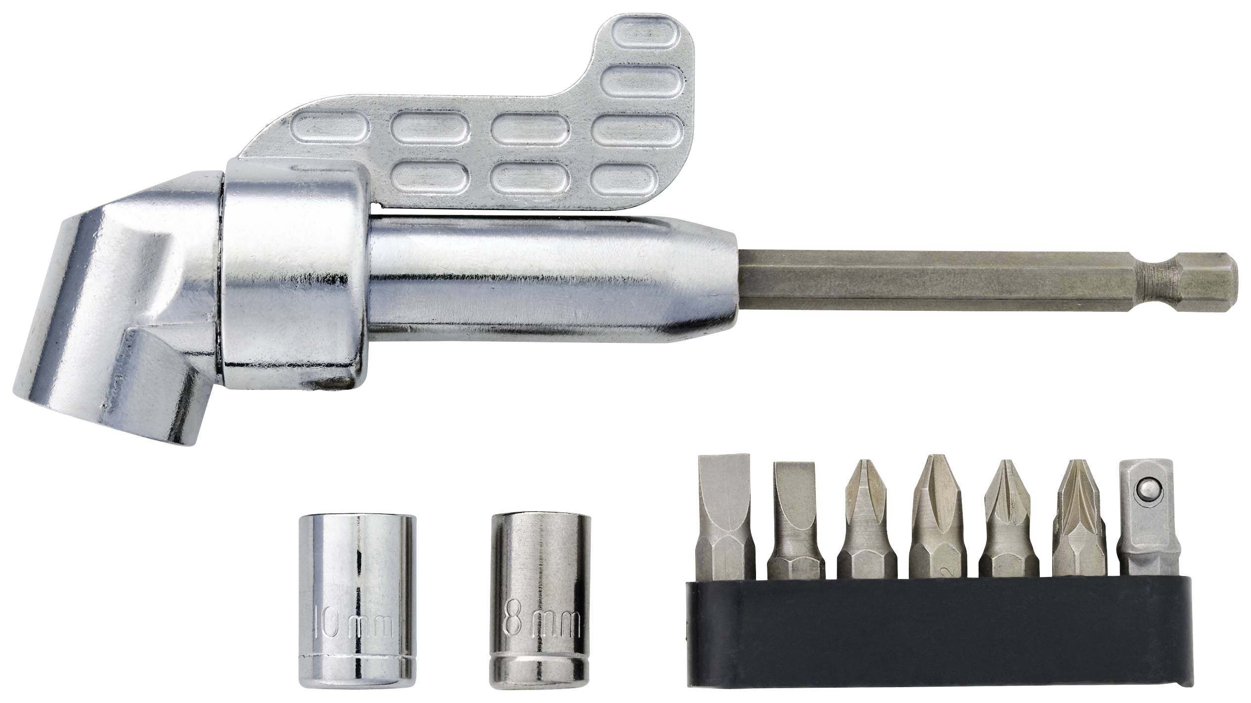 Un ensemble d'embouts de tournevis avec un adaptateur d'angle, adapté à différents types de vis. Comprend des tailles de douilles de 8 mm et 10 mm.