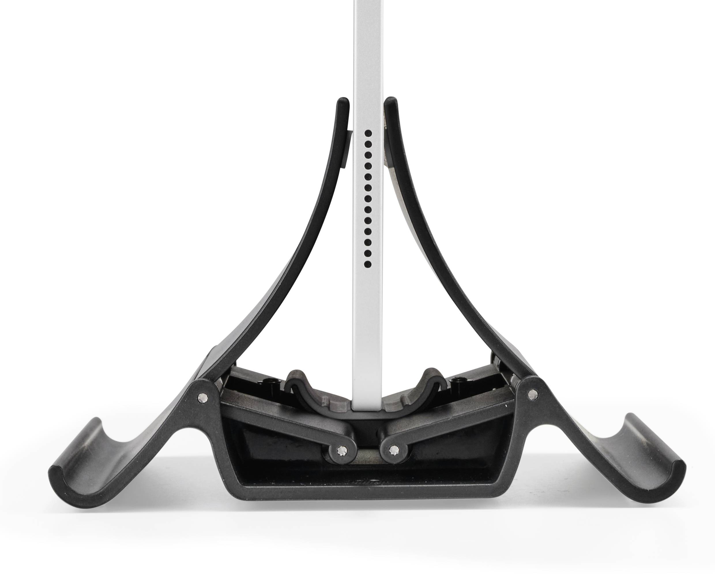 Un support en plastique noir à trois parties soutient une tige verticale transparente.