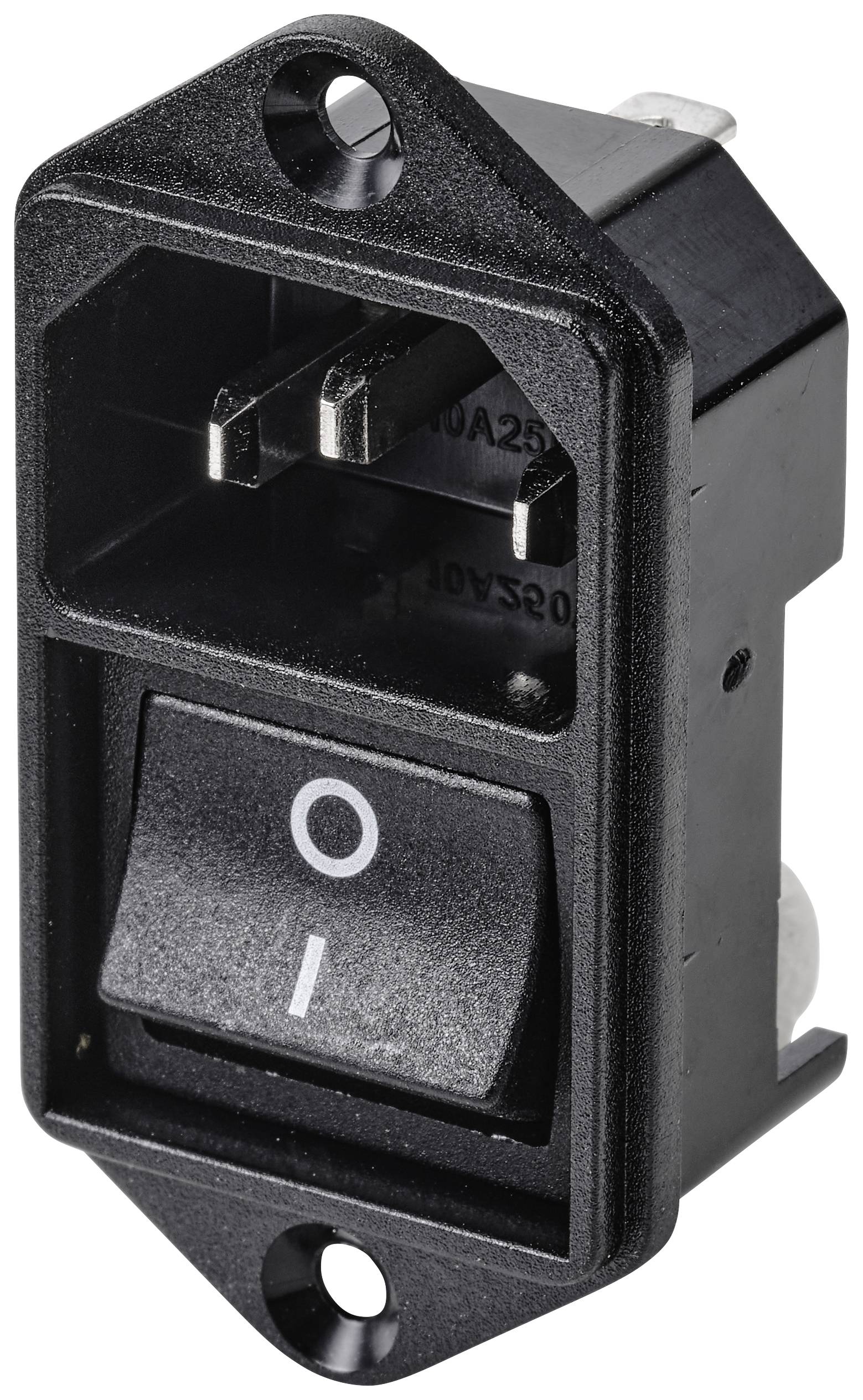 Interrupteur rectangulaire noir avec inscription Marche/Arrêt. Des contacts de fiche sont visibles au-dessus. Adapté pour les appareils électriques.