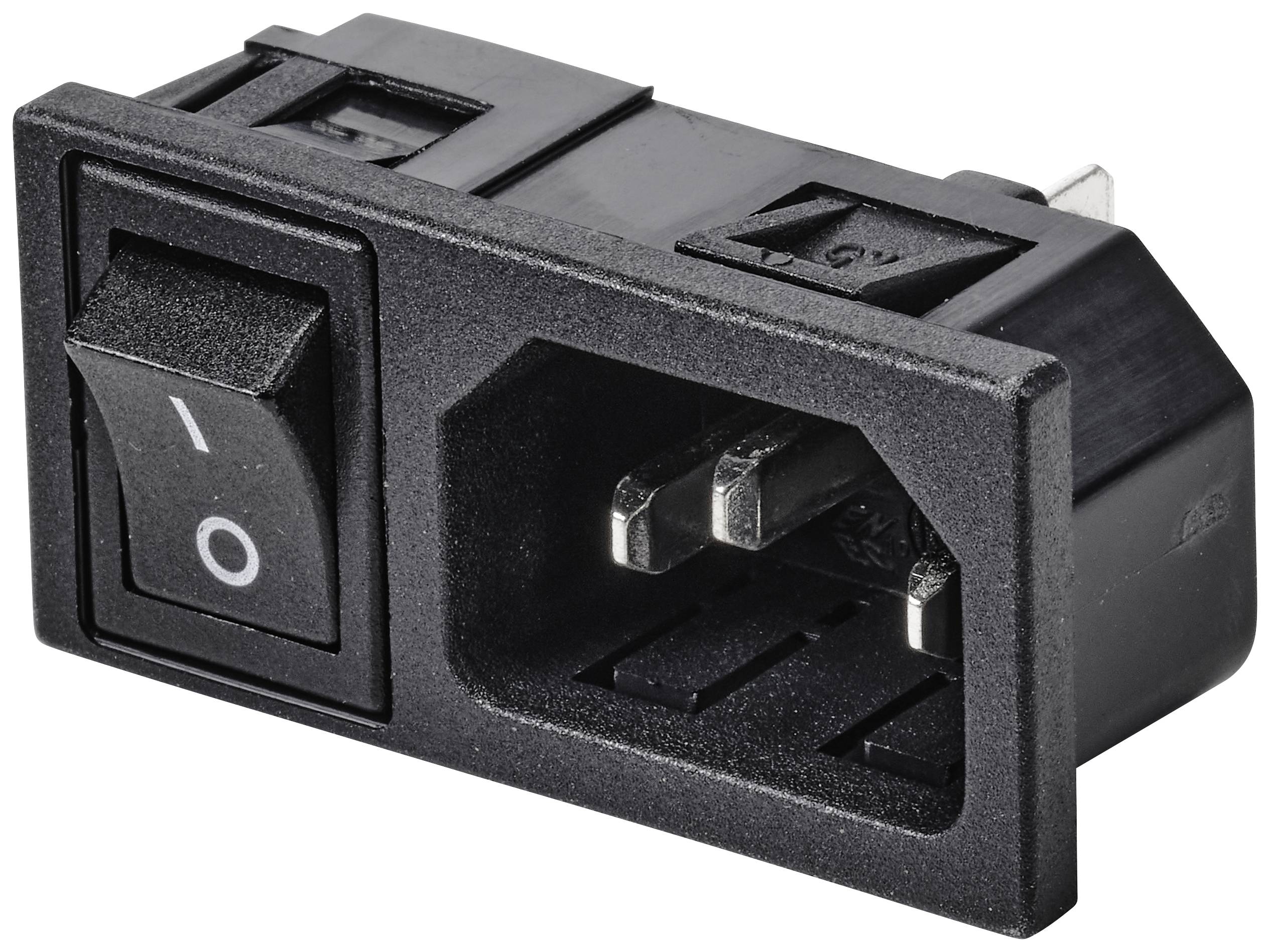 Interrupteur réseau noir avec fiche IEC-C14 intégrée, souvent utilisé dans les appareils électroniques pour mettre sous et hors tension.
