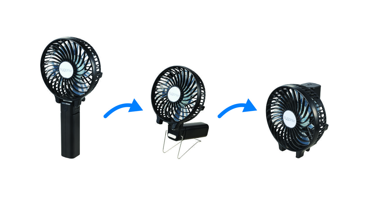 Un ventilateur à main se transforme en ventilateur de table, puis en ventilateur de voiture, représenté par des flèches bleues.