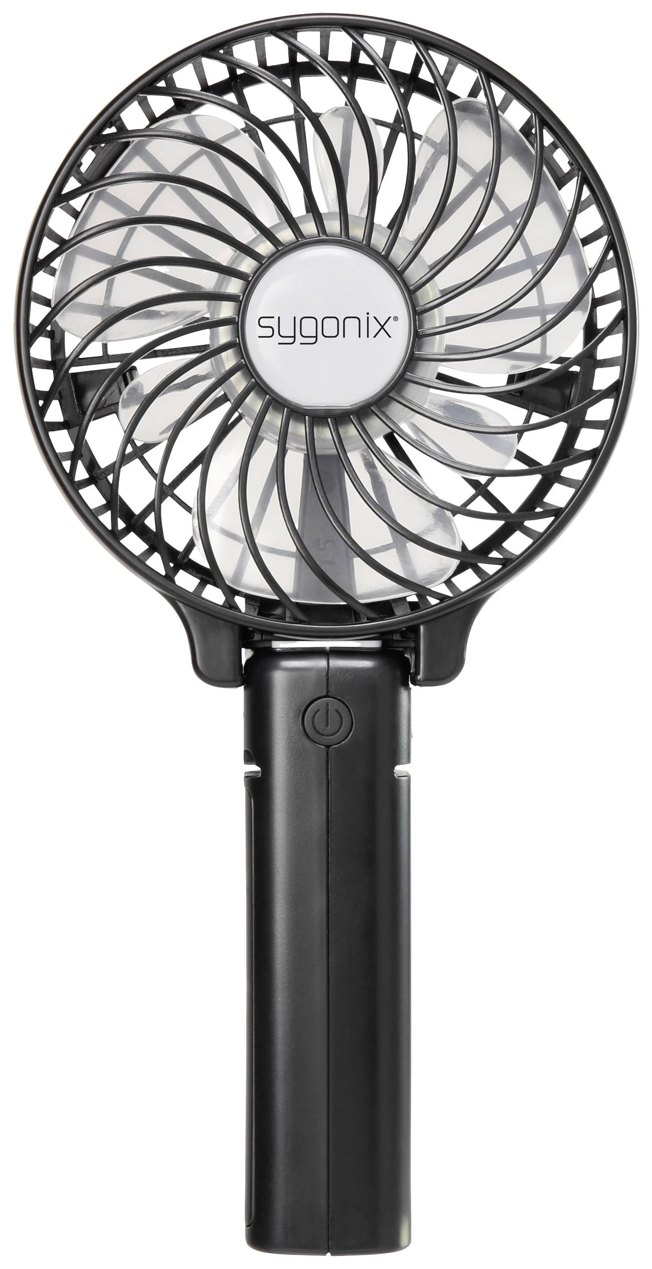 Ventilateur portable noir avec design de grille argenté. Nom de marque 'sygonix' au centre.