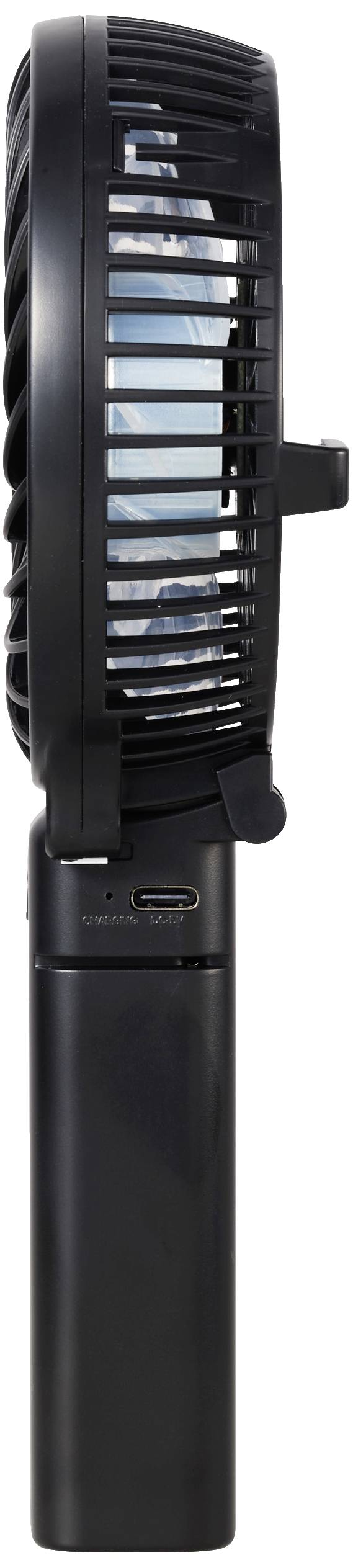Ventilateur portable noir vu de profil, avec port USB sur la poignée.